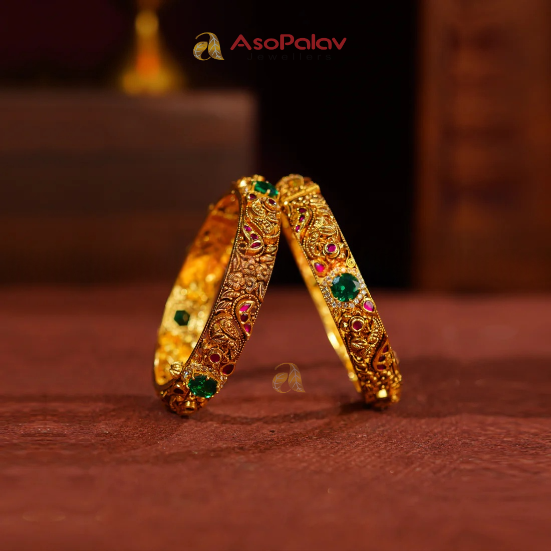 22K Handcrafted Nakshi Gold Bangles with Emerald Stones